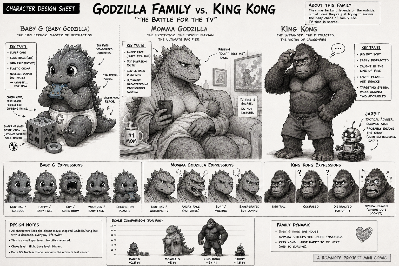 Godzilla Family character design sheet featuring Baby G, Momma Godzilla, King Kong, and JARBIT