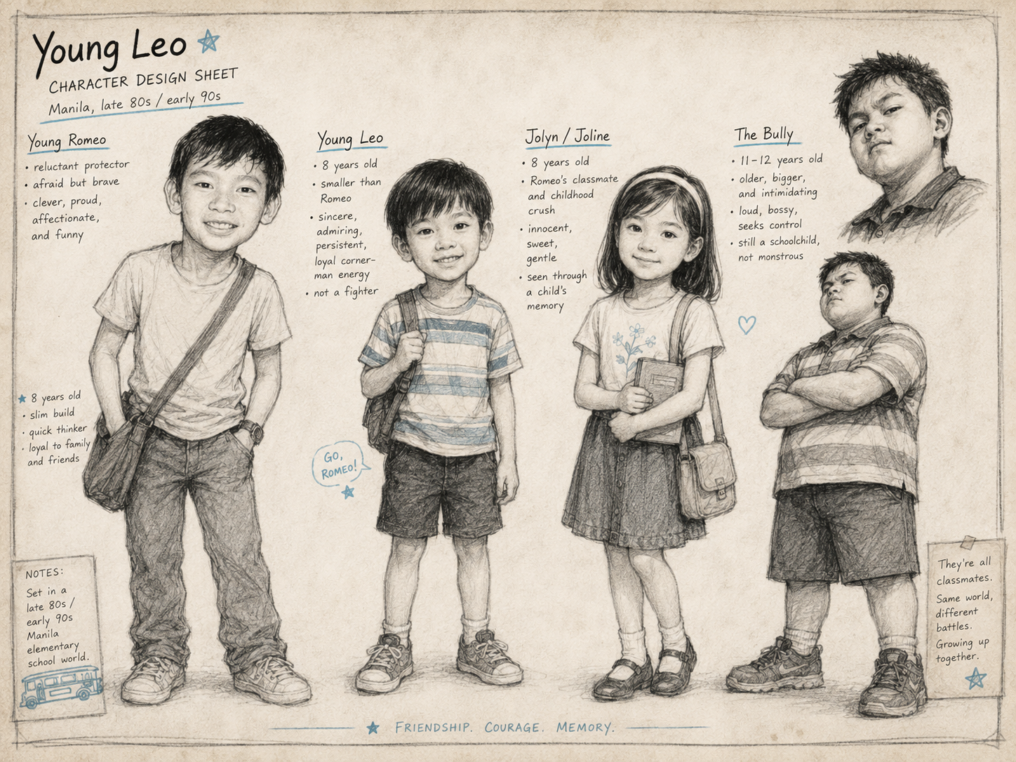 Young Leo character design sheet showing Young Romeo, Young Leo, Jolyn, and the bully as principal children in the First Leo story.