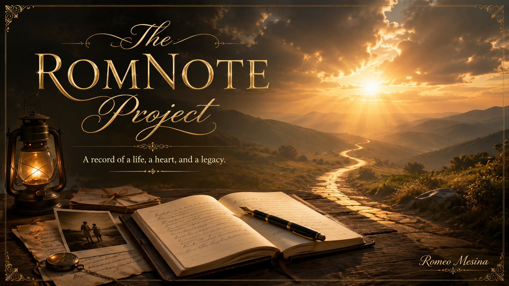 The RomNote Project source archive artwork showing a golden sunrise, journal, lantern, road, and legacy title.