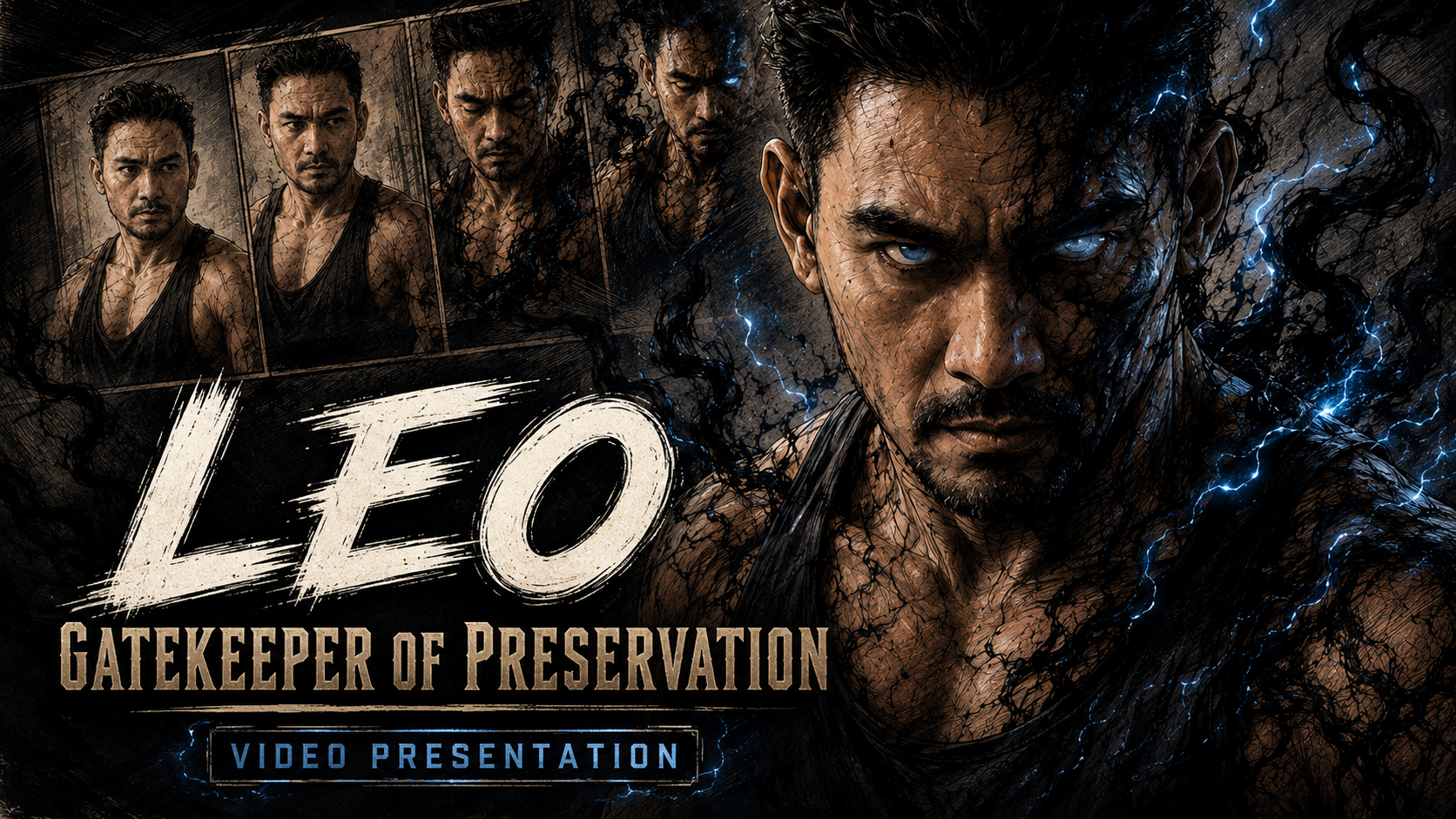 Leo Gatekeeper of Preservation video presentation poster showing a close-up of Leo with blue-lit intensity and comic-panel variations.
