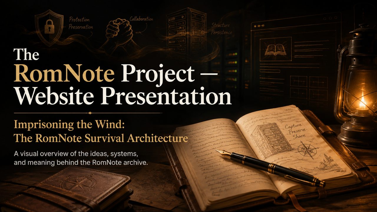 RomNote Website Presentation poster showing a lantern, journal, and winding path beneath a radiant sky.